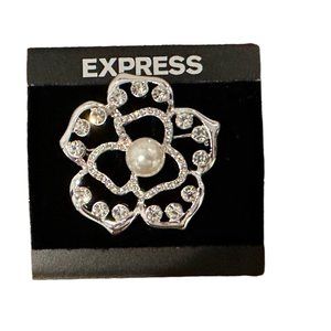 Express Rhinestone Pearl Brooch/Pin Flower Silvertone